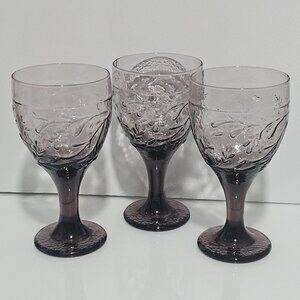 3 Libbey Glass Garden Vine Violet Goblets 7" water ice tea glasses 16oz embossed